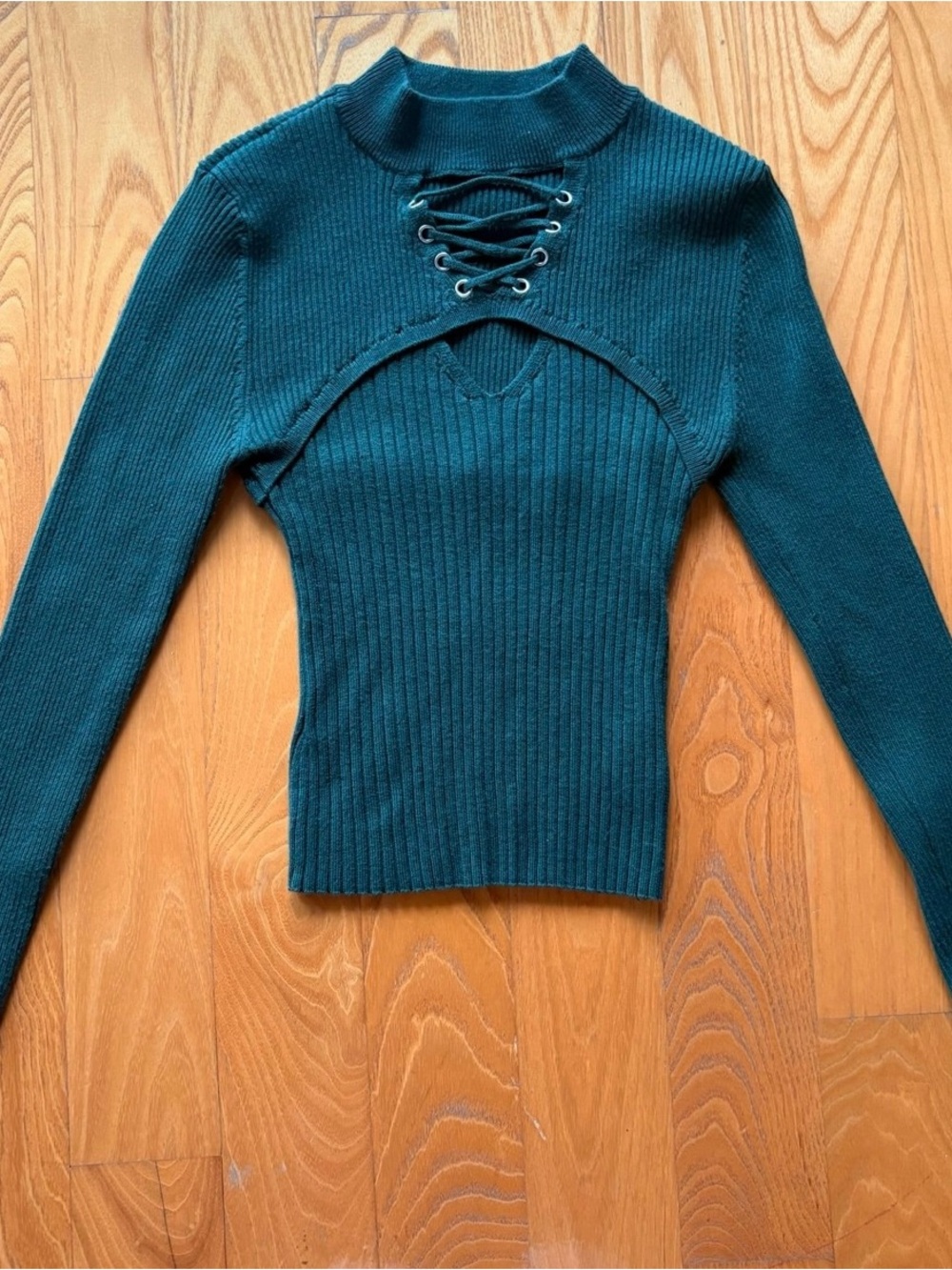 Teal Ribbed Lace-Up Cutout Women's Sweater